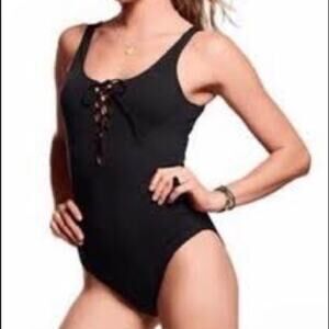 Pink Victoria’s Secret Black Tie Front One Piece Swimsuit Sz.S
